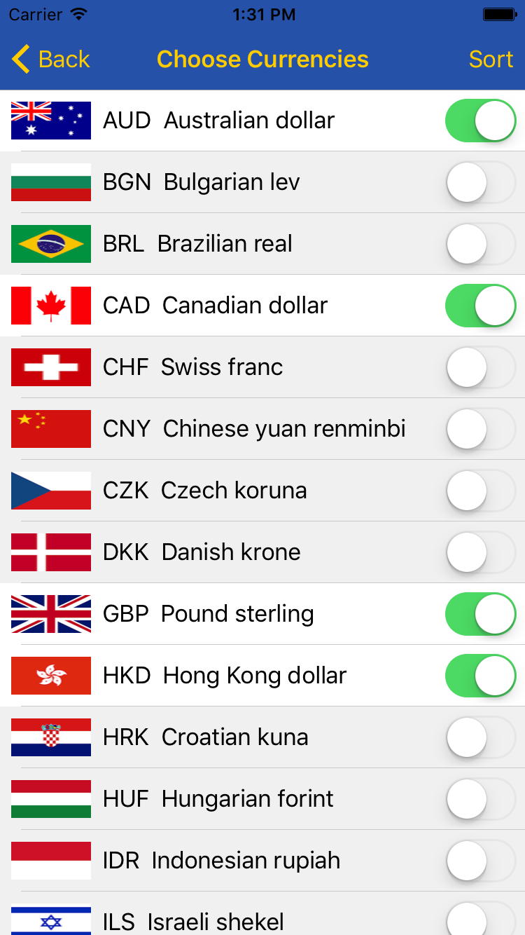Choose currencies